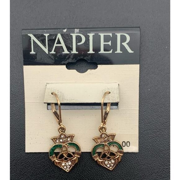 NWT Napier Gold Tone Lucky Leprechaun Claddagh Drop Lever Back Earrings - Picture 2 of 4